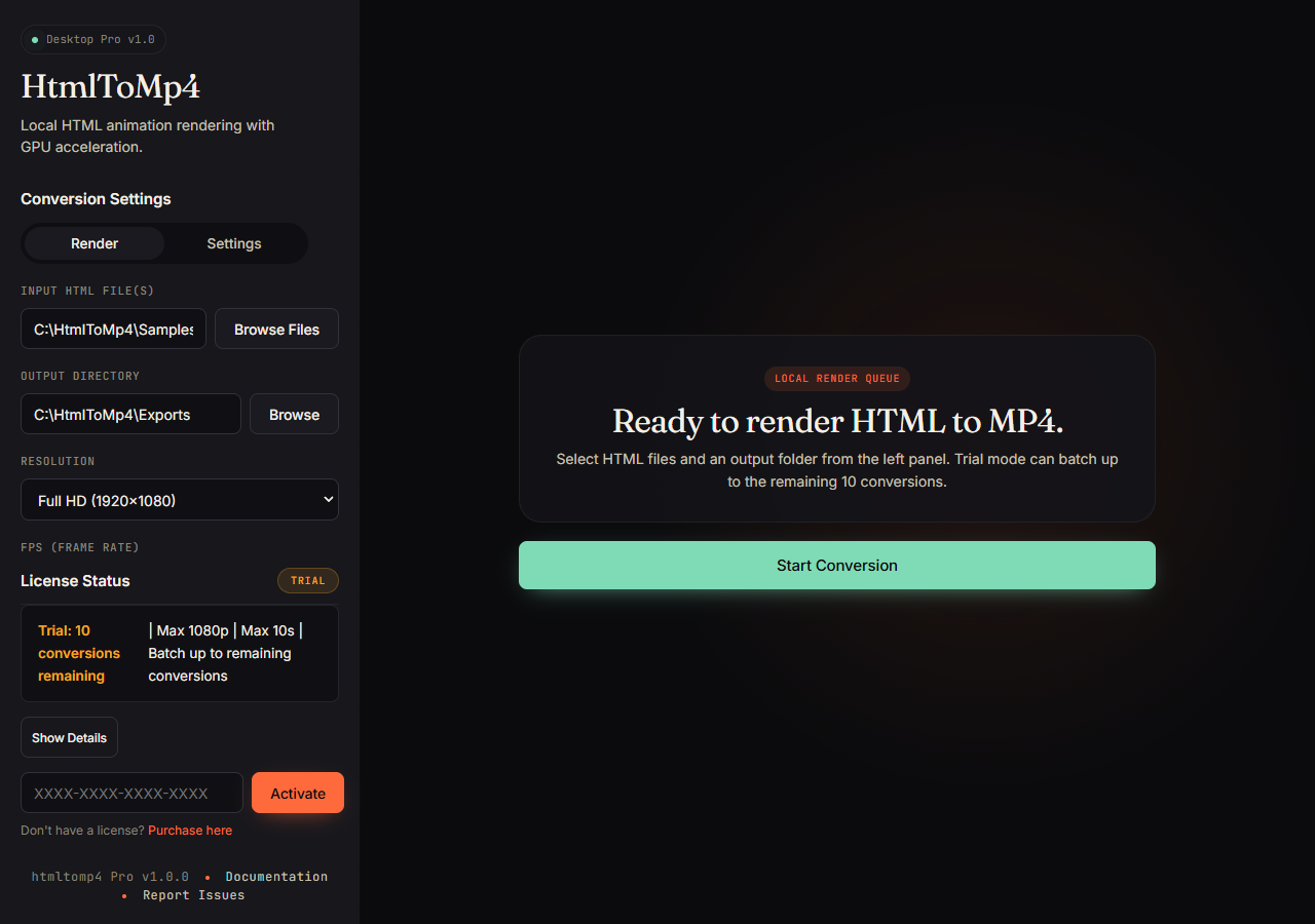 HtmlToMp4 desktop app showing the trial-ready render screen.