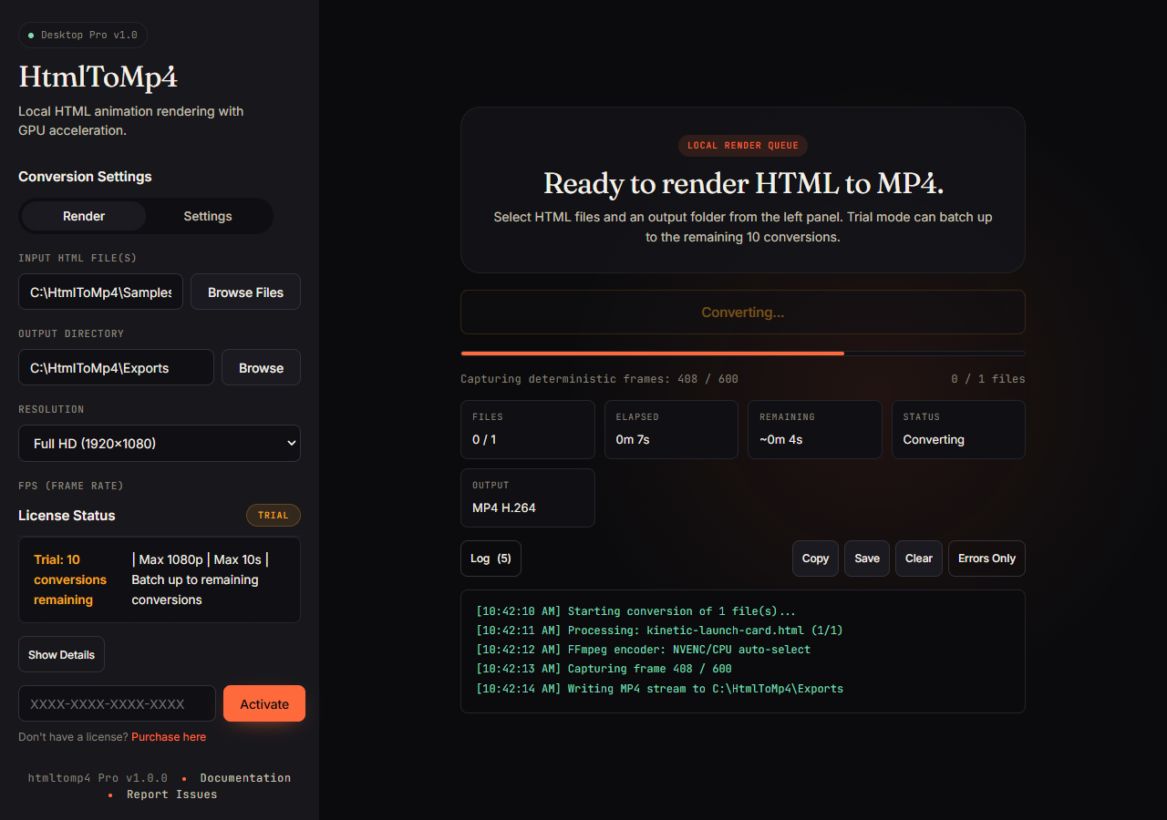 HtmlToMp4 conversion progress screen with frame count, logs, and status cards.